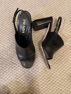 Prada Black Leather Slingback Block Heel Sandals sz 39